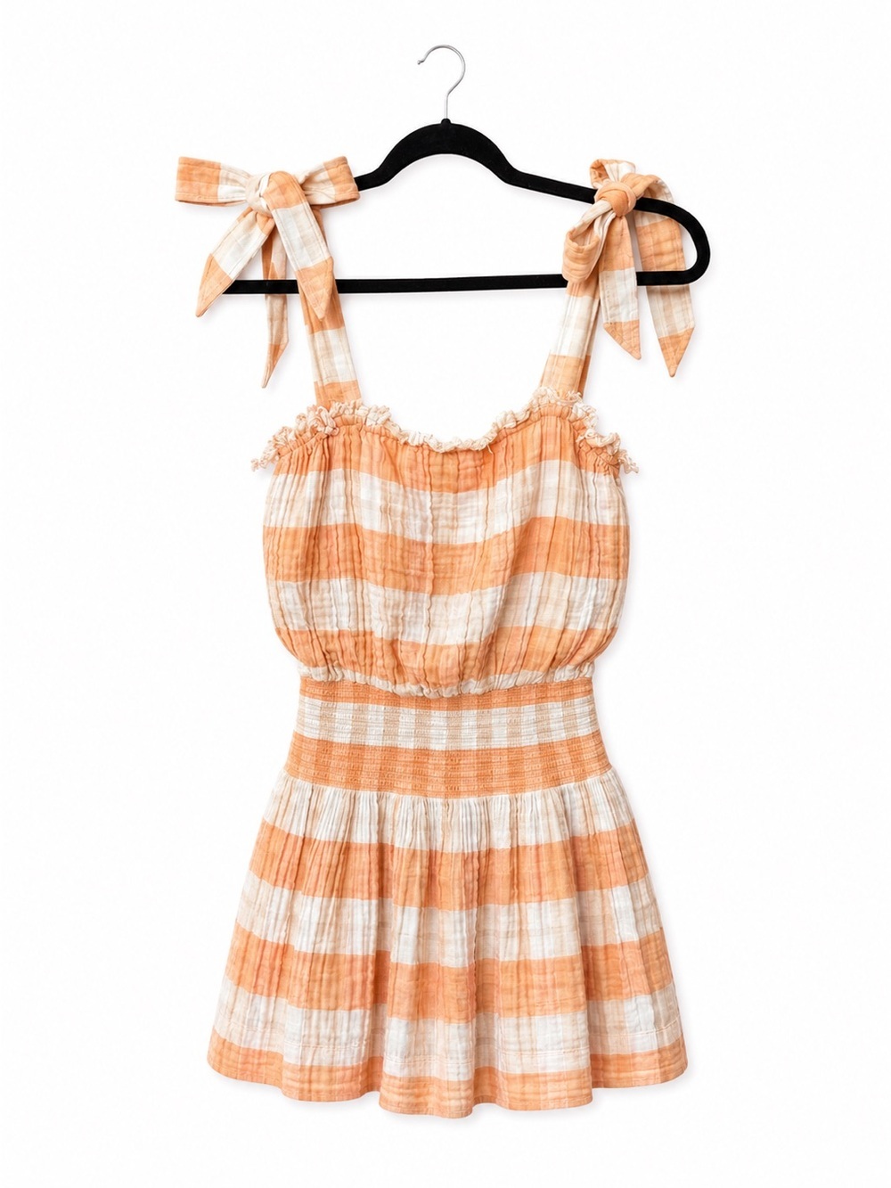 Ramy Brook Dress Natasha Mini Plaid Gauze Bow Shoulder Smocked
